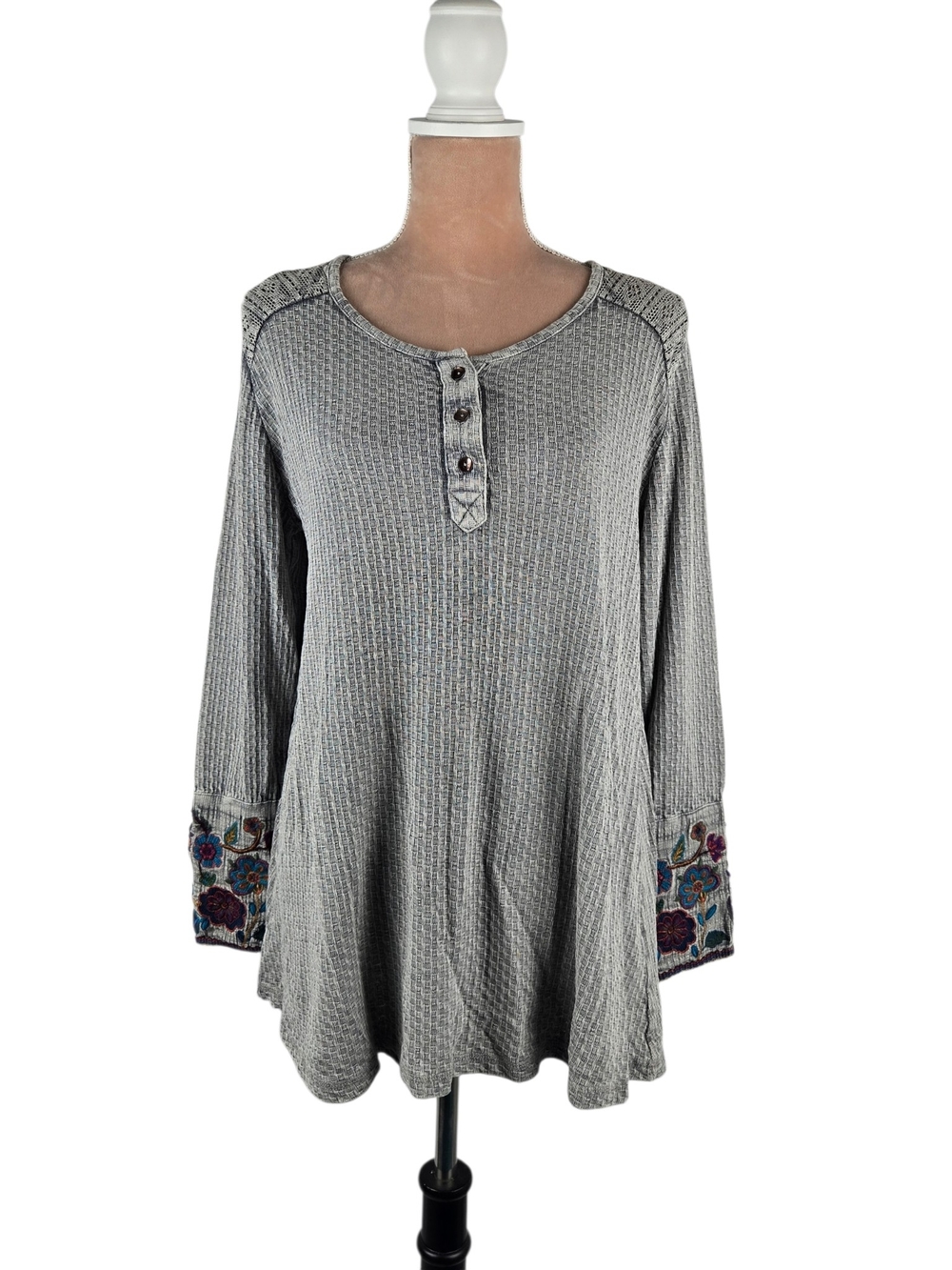 Soft Surroundings Palmer Thermal Tunic Floral Embroidered Cuffs Grey PL